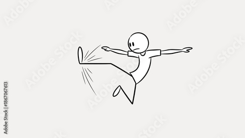 Clumsy stick figure person tripping and falling with one leg up in a bright studio.