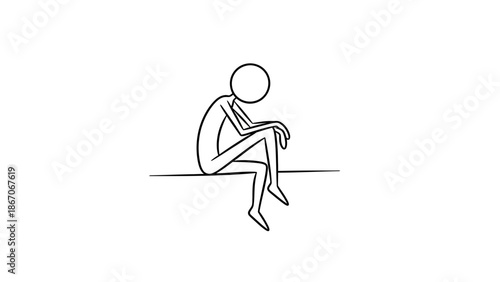 Sad Stick Figure Man Sitting Alone, Feeling Depressed and Thoughtful on Isolated White Background