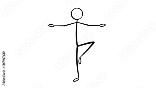 Focused Stick Figure Man Practicing Yoga and Balancing on One Leg in Isolated White Background