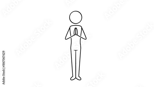 Stick figure person praying with hands together in a respectful gesture on an isolated white background.