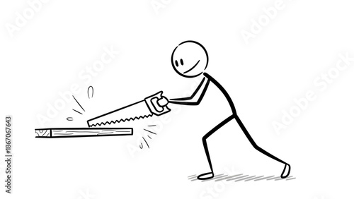 Determined Stick Figure Man Sawing Wood with a Hand Saw on Isolated White Background