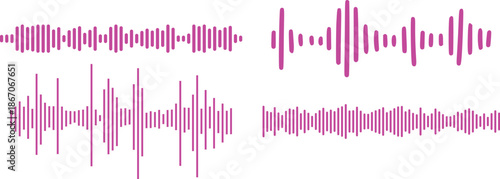 Sound Waves Icon set. Waveform pattern for music player, podcast, voise message. Vector illustration isolated on white background. Voice and radio signal spectrum lines. Song track amplitude graphic.