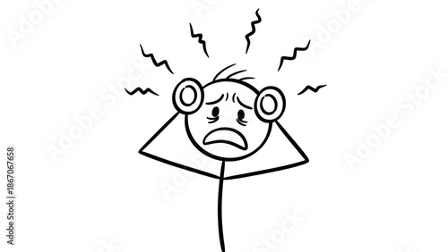 Stick Figure Man Holding Head with Hands, Surrounded by Wavy Lines, Expressing Stress or Anxiety, on an Isolated White Background