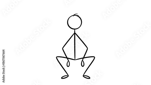 Stick Figure Man Crouching or Squatting, Resting or Observing, on an Isolated White Background