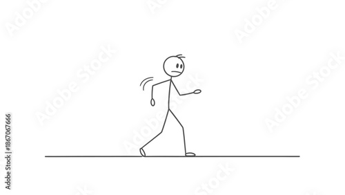 Casual stick figure man walking calmly and steadily, isolated white background.