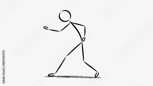 Stick Figure Man Preparing to Punch or Throwing a Punch, Expressing Aggression or Determination, on a Simple Grey Background
