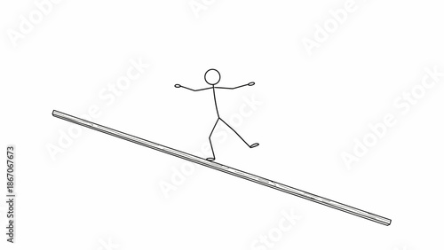 Focused Stick Figure Man Balancing Skillfully on a Beam in Isolated White Background