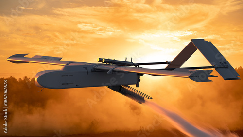 Launch of a long-range strike drone using a rocket booster.3D rendering.