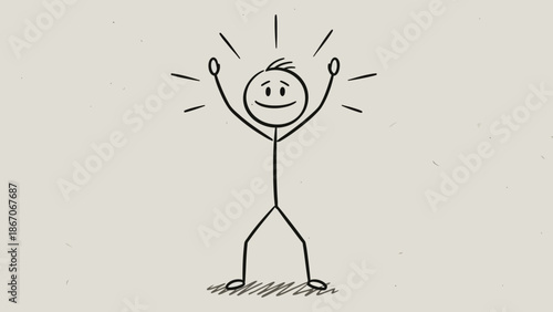 Stick Figure Man with Rays of Energy, Expressing Joy or Inspiration, on a Textured Light Grey Background