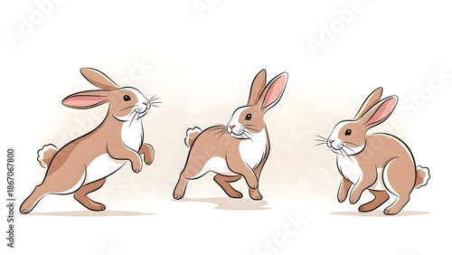 Three cartoon rabbits in various poses on a beige background