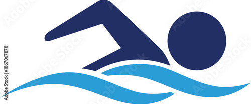 Dark blue swimmer silhouette in motion over light blue waves swimming sport