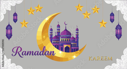 Ramadan Kareem greeting background with golden crescent moon stars lanterns and ornate mosque illustration in elegant Islamic festive style
