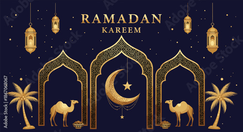 Luxurious Ramadan Kareem greeting background with golden crescent moon camels lanterns and ornate Islamic arches on dark night backdrop vector illustration