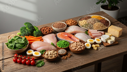 A balanced selection of healthy whole foods including vegetables, legumes, grains, nuts, fish, and eggs arranged on a wooden table, representing clean eating and nutritious lifestyle.