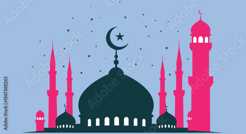 Islamic mosque silhouette with crescent moon and minarets under starry night sky representing Ramadan celebration vector illustration