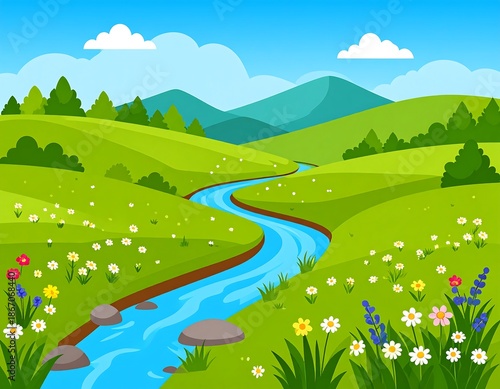 A bright, cartoon meadow scene with a winding river, colorful flowers, hills, and a blue sky