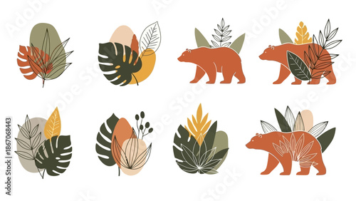 A collection of eight abstract graphic elements featuring tropical leaves, organic shapes, and brown bears in an earthy color palette, perfect for nature-themed designs.
