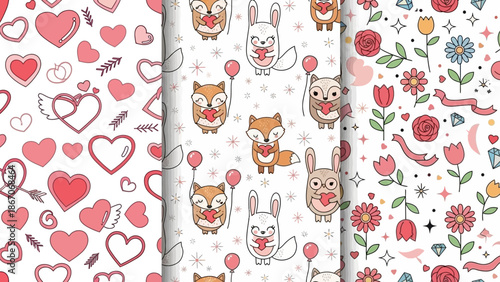 Three seamless patterns featuring hearts, cute cartoon animals, and floral designs, perfect for Valentine's Day or romantic themes.