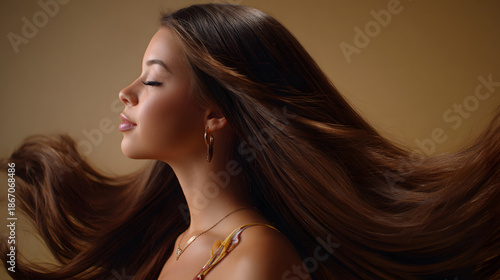 Healthy Silky Hair Movement in Beauty Studio Shiny Long Hair Flip with Elegant Female Portrait Haircare Confidence Pose with Smooth Shiny Strands Gorgeous Brunette Model with Flowing Hair and Glow