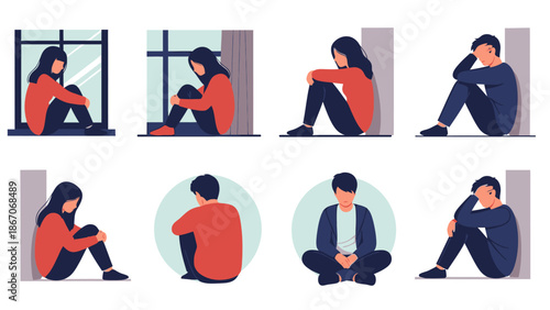 Illustrations of sad and lonely people sitting in various poses, depicting feelings of depression, anxiety, and isolation.