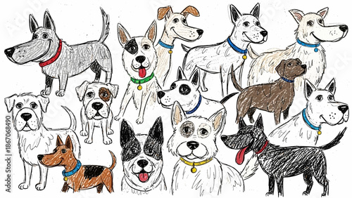 A large group of diverse cartoon dogs, some colored and some sketched in black and white, standing together with happy expressions.