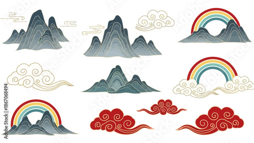 Set of traditional Asian landscape elements with stylized mountains, auspicious clouds, and colorful rainbows on a white background.