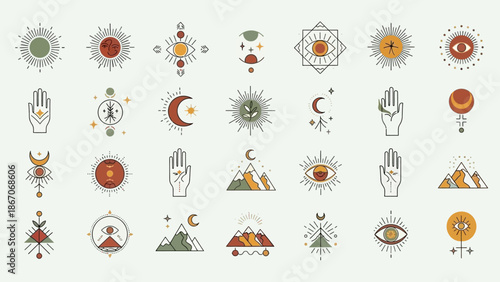 Collection of mystical and celestial line art symbols featuring suns, moons, hands, eyes, and mountains in a minimalist, bohemian style.