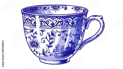 A beautifully illustrated blue and white patterned teacup with intricate floral and scenic designs, showcasing traditional ceramic artistry.