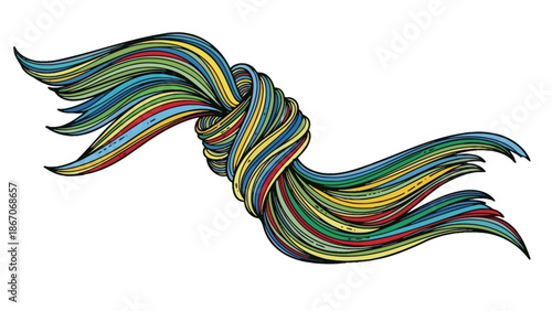 Colorful flowing strands tied in a complex knot, creating an abstract and dynamic design.