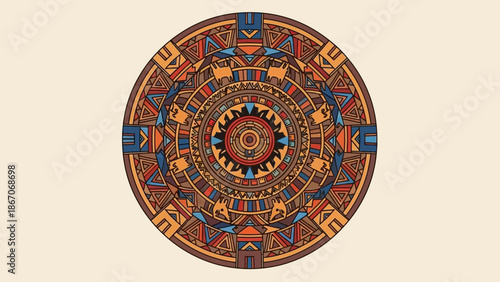 A richly detailed circular mandala design with intricate geometric patterns and earthy colors, evoking ancient cultural art.