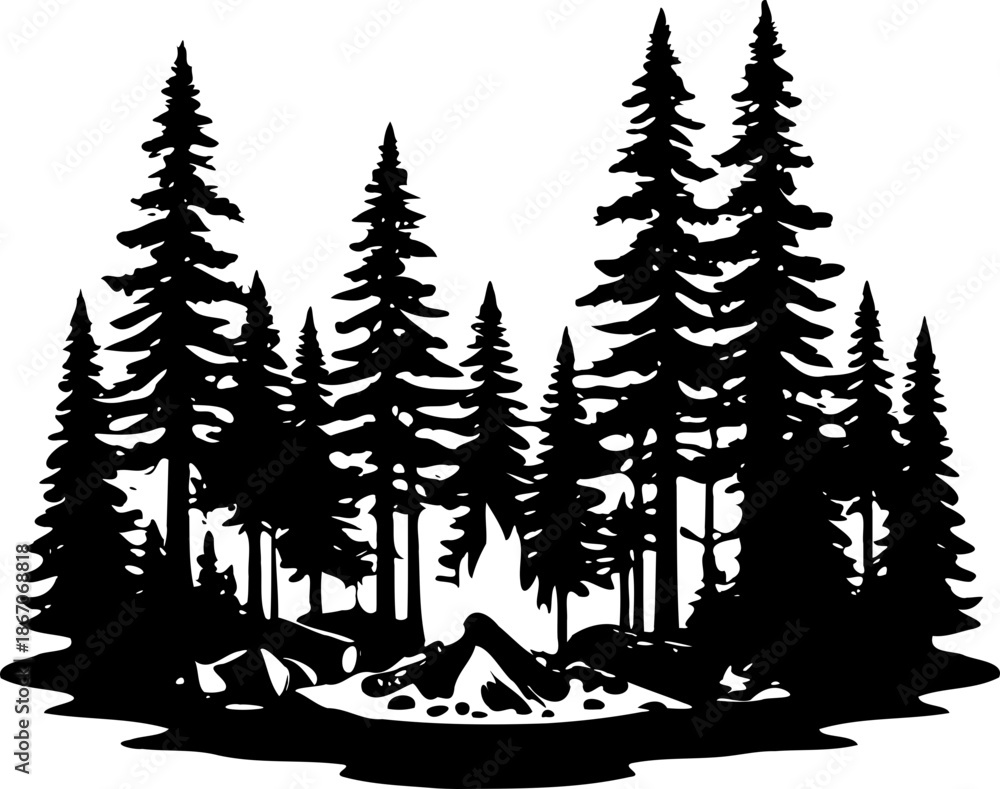 Fototapeta premium A black silhouette of a forest with pine trees and a campfire on transparent background