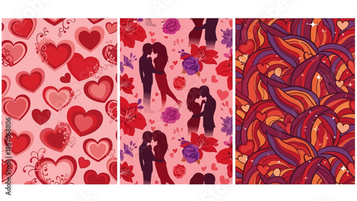 Three vibrant, romantic patterns featuring hearts, embracing couples, and abstract designs in red and pink hues.