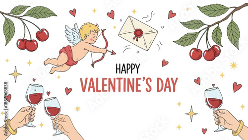 A vibrant illustration celebrating Happy Valentine's Day with Cupid, hearts, wine glasses, cherries, and a sealed love letter on a white background.