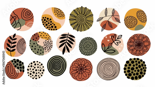 Collection of abstract bohemian circular designs with organic shapes, dots, lines, and floral motifs in an earthy color palette, perfect for modern graphic resources.