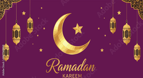 Ramadan Kareem greeting background with golden crescent moon stars and hanging lanterns on purple Islamic festive backdrop vector illustration