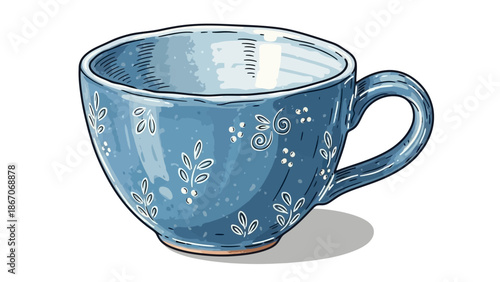A beautifully illustrated blue ceramic teacup with white floral patterns and a handle, isolated on a white background.