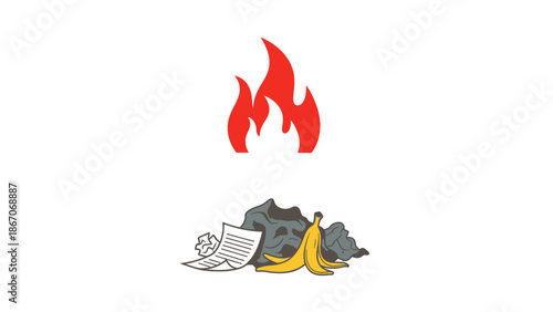 Red flame icon burning above a pile of mixed garbage including paper and a banana peel on a white background.
