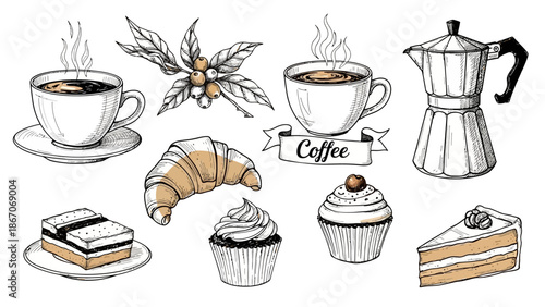 Hand-drawn collection of coffee cups, moka pot, coffee beans, croissant, cupcakes, and cake slices, perfect for a cafe or bakery theme.