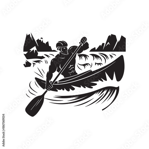 Extreme Whitewater Kayaking Athlete Rowing Through Rapid River Waves Mountains Vector Illustration.