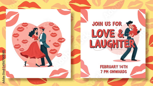 Two vibrant Valentine's Day social media post designs featuring couples, hearts, and lips, promoting a 'Love & Laughter' event on February 14th.
