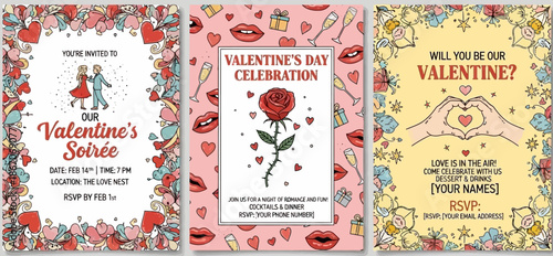 A collection of three vibrant Valentine's Day invitation cards featuring romantic illustrations of couples, roses, hearts, and celebratory elements, perfect for parties and events.