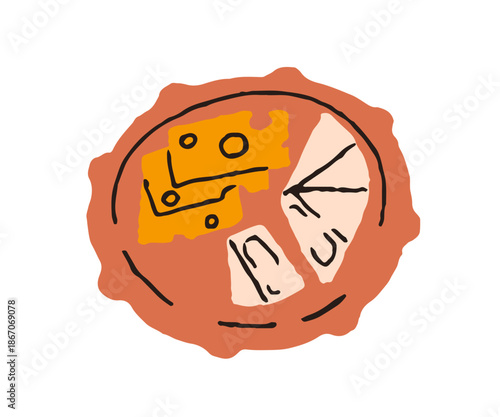 Cheese platter with sliced wedges. Gourmet snacks, Swiss emmental, maasdam, Holland brie, camembert for tasting. Dairy food on plate, tray, board. Flat vector illustration isolated on white background