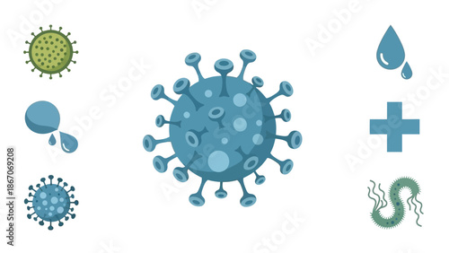 Illustration of various microscopic organisms including a large coronavirus, smaller viruses, bacteria, and health-related symbols.