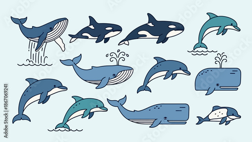 A collection of cartoon-style marine mammals featuring various blue whales, orcas, and dolphins in different swimming and jumping poses on a light blue background.