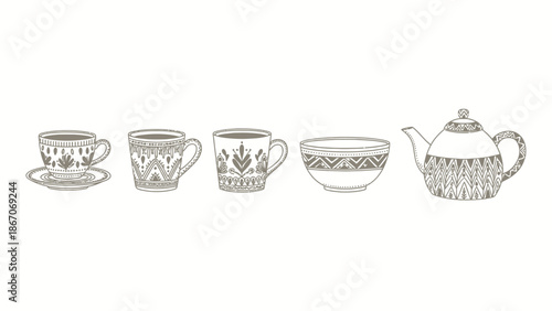Collection of decorative teaware and drinkware with intricate folk art patterns, including a teacup, mugs, a bowl, and a teapot illustration.