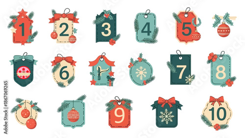 Set of festive advent calendar tags and labels with numbers 1 to 10, decorated with Christmas ornaments and winter elements.