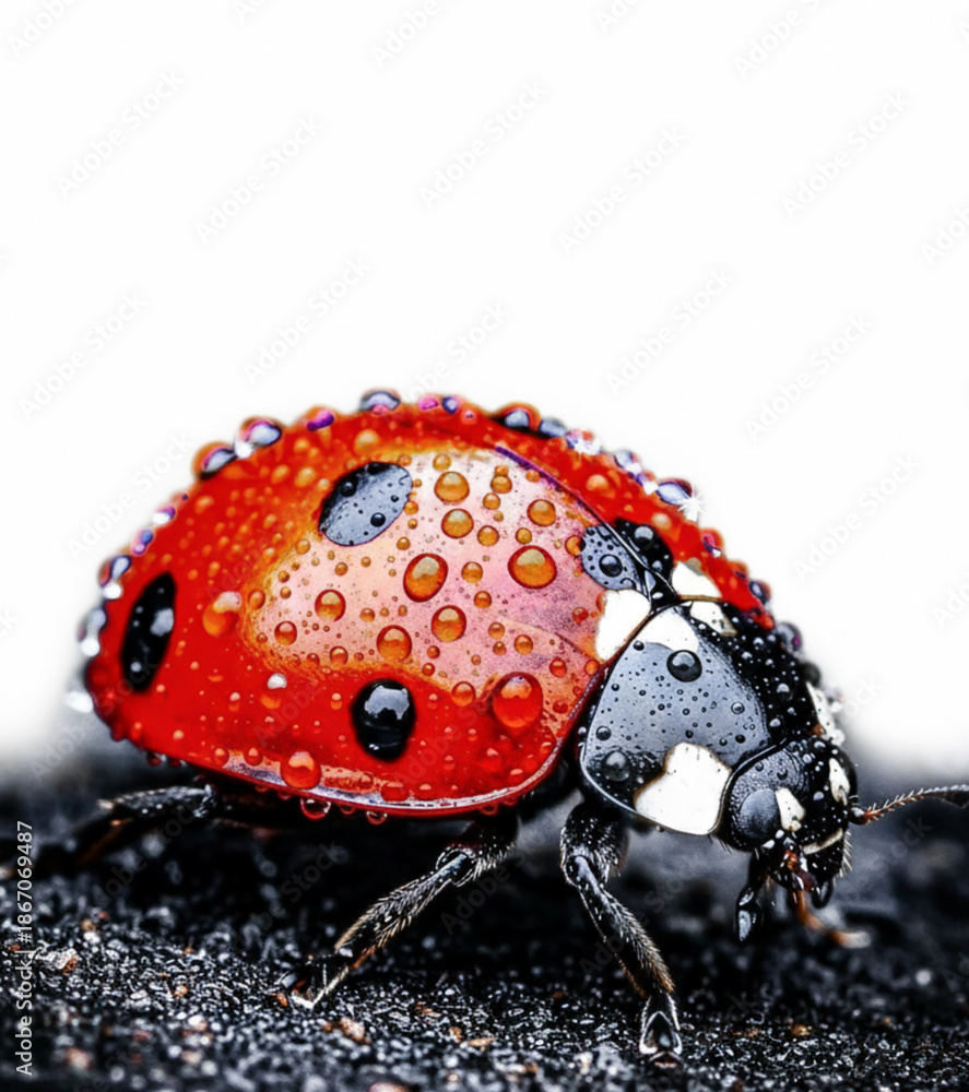 Obraz premium Closeup Of Red Ladybug On Wet Black Rock With Water Droplets Macro Shot