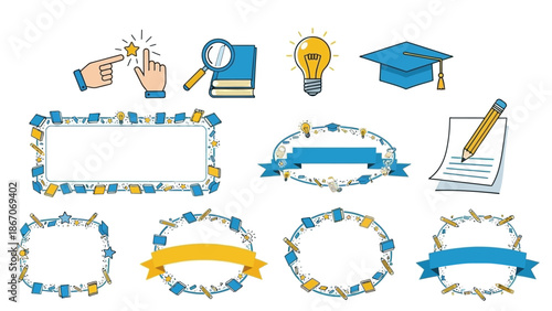 Vector illustration set of education-themed icons, decorative frames, and banners for academic content and learning resources.