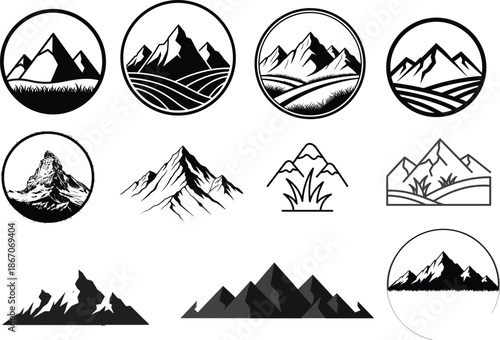 Mountain silhouette logo designs and icons with various shapes and styles featuring silhouette