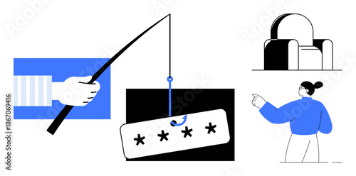 Cybersecurity, phishing prevention, online safety, digital security, identity protection, internet scams. Fishing hook with password tag, person concerned about breach. Phishing prevention